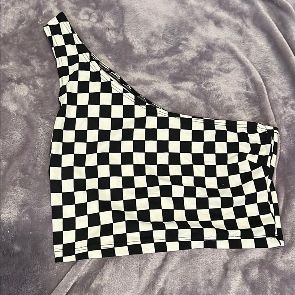 1 shoulder black and white checkered top
